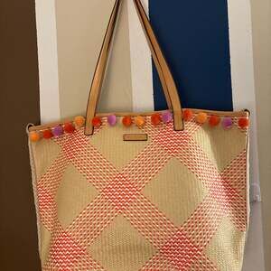 Vera Bradley Woven Straw Beach Tote with Multicolor Pom Poms